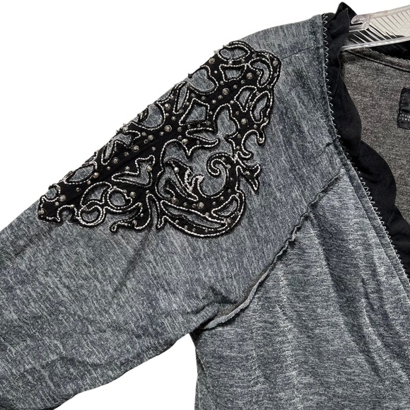 Miss Me Cardigan Distressed Studded Appliqued Embellished Button Up Gray - Picture 8 of 11
